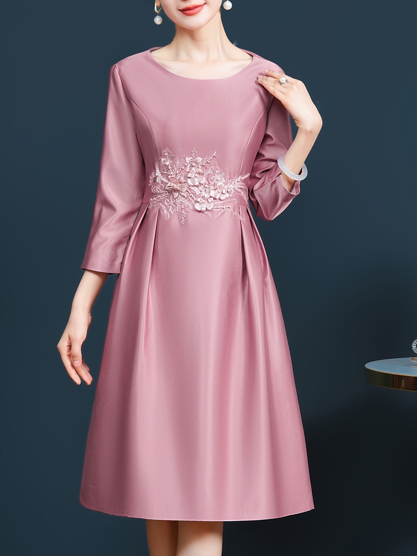 Pink embroidered 3/4 sleeve dress mid-length hem slimming, Mother of the bride wedding guest dress elegant