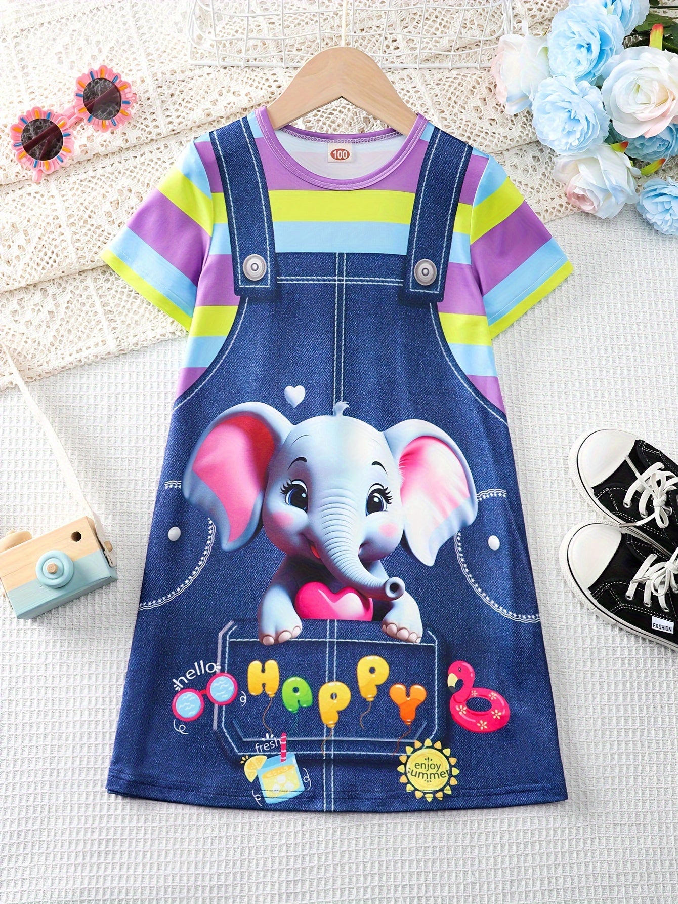 Girls Adorable 3D Elephant Print Striped Dress - Fashionable & Comfortable Crew Neck Summer Wear for Parties & Gifts