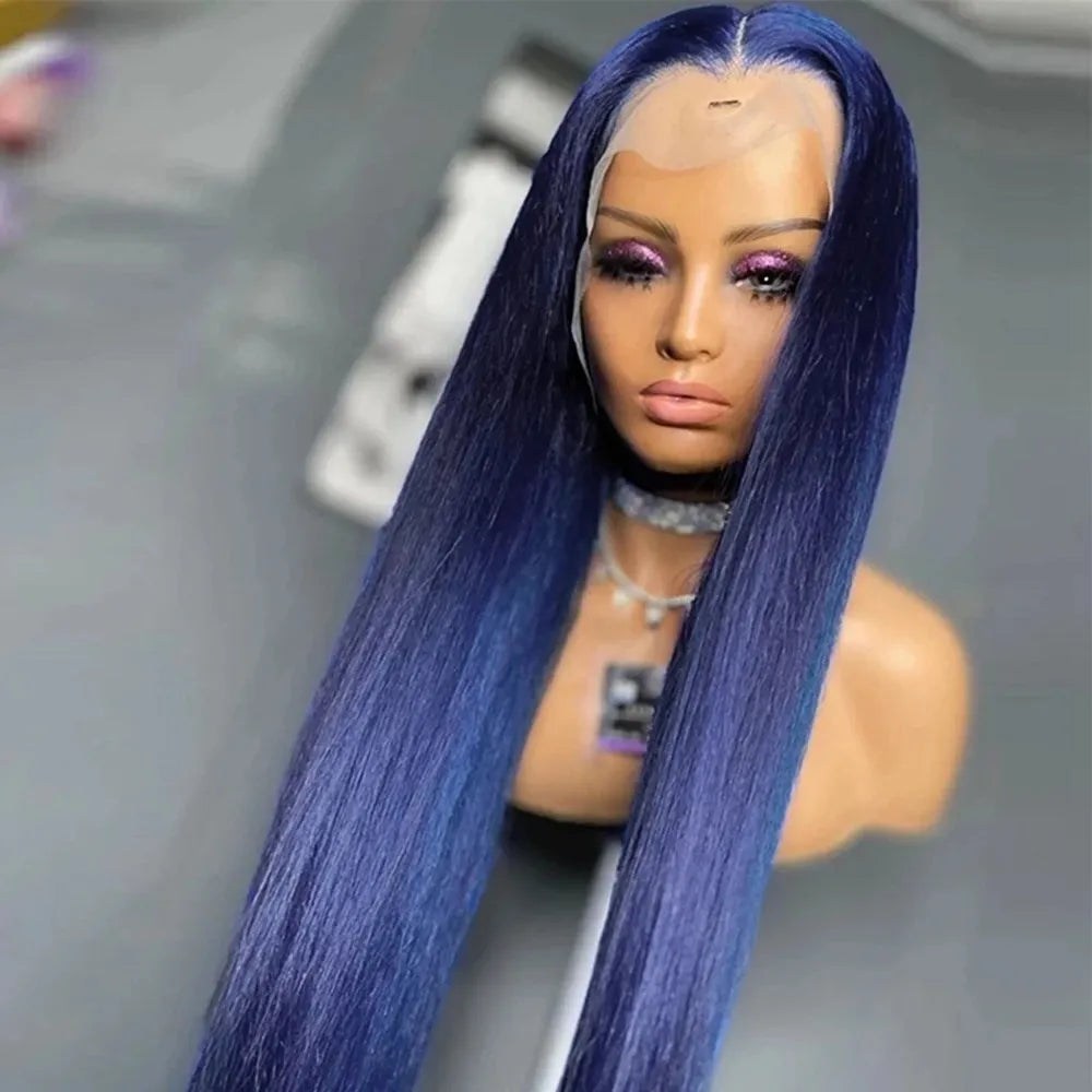Midnight Blue Straight Lace Frontal Human Hair Wigs Brazilian 13X6 Lace Front Wig Dark Blue 250% Density Full Lace Wig for Women