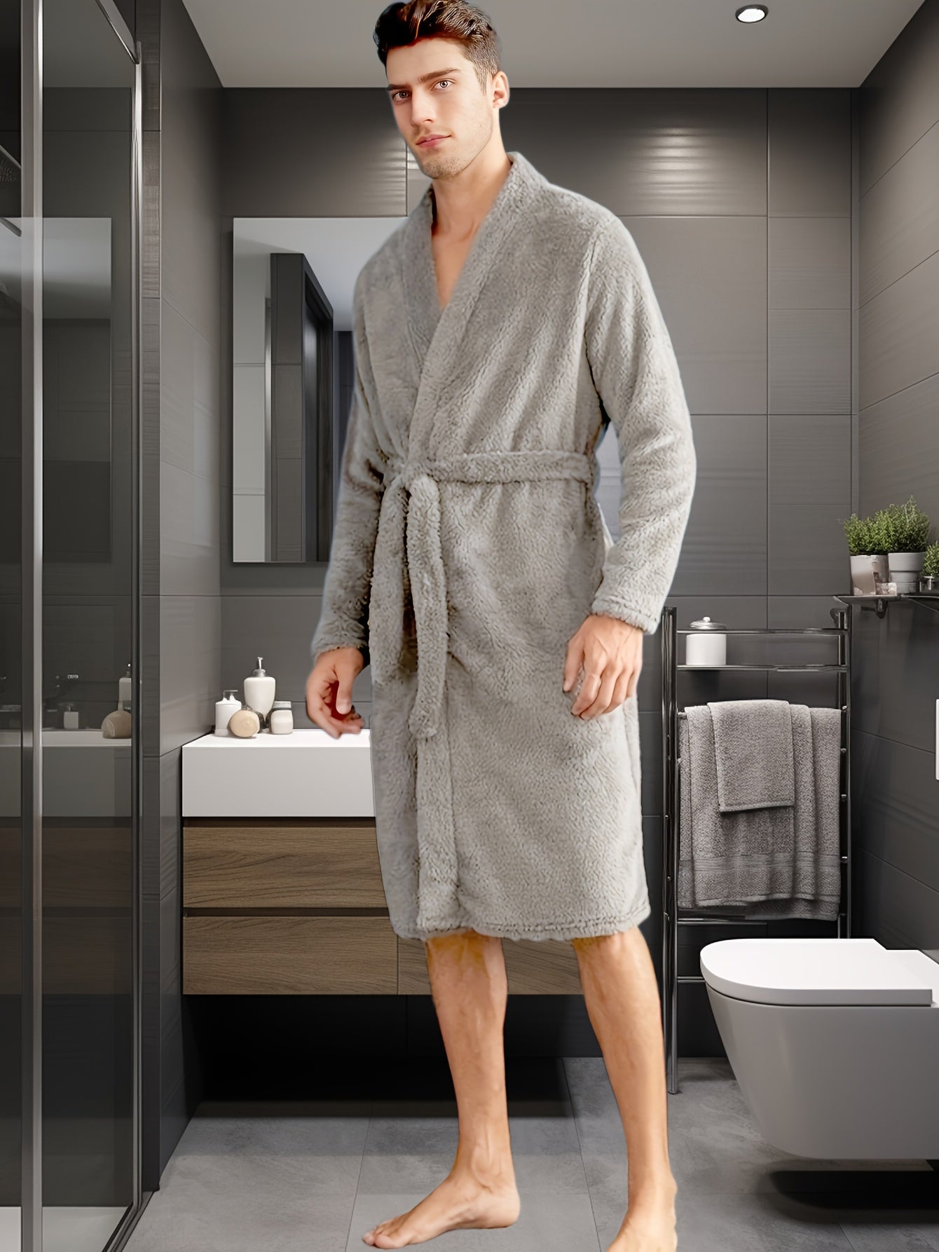 Men's Flannel Warm Soft Comfy Plain Color Robe For Home Pajamas Wear Night-robe Sets After A Bath For Winter