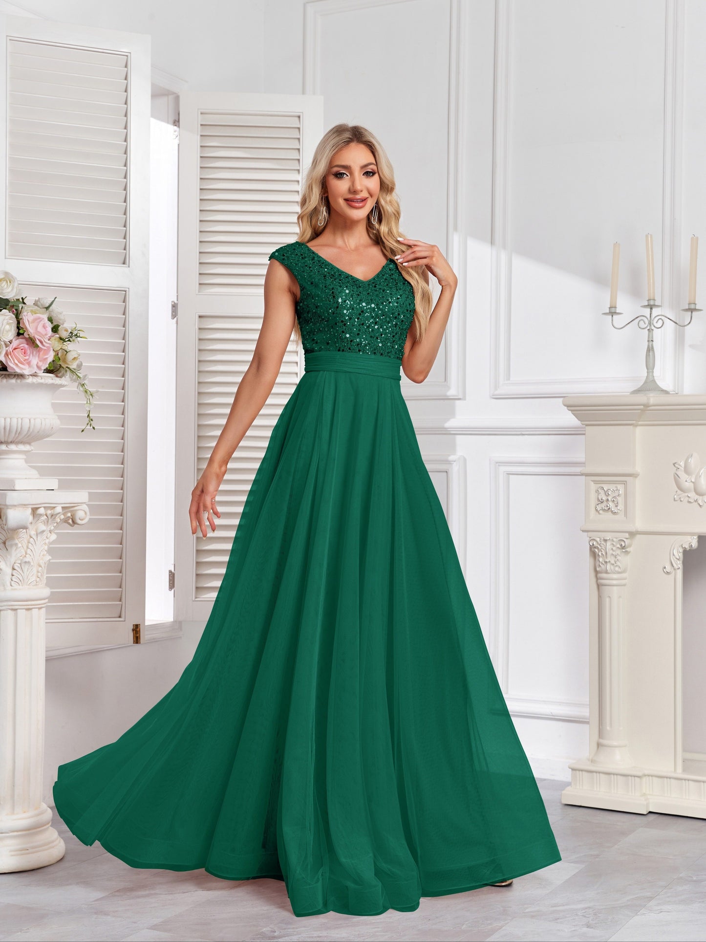 Long Sleeveless Elegant A-line Floor Length Sequin V-neck Formal Dress for Women - Shining Contrast Sequin Details, Micro Elasticity, and Loose Silhouette - Polyester Material, Hand Wash, and Perfect for Party & Banquet
