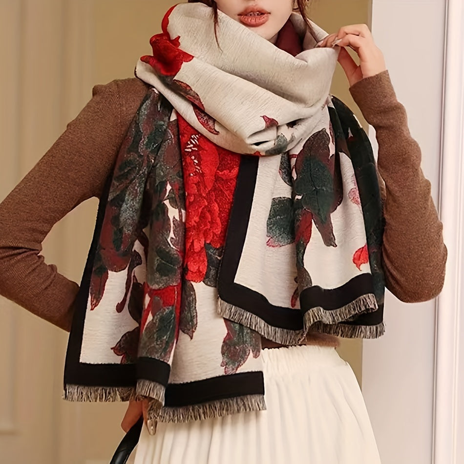 Vintage Floral Pattern Soft Shawl Scarf - Elegant, Warm, Fringe, Windproof, Coldproof, Autumn Winter Essential - Perfect for Outdoor Activities, Casual Wear, and Gift Giving