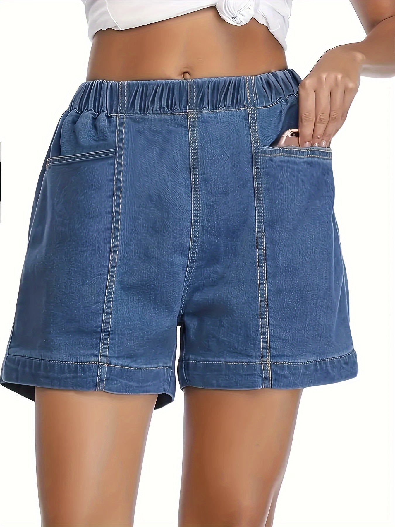 ZllKl Women's Stylish Denim Shorts, Casual Sporty Style, Elastic Waist, Comfort Fit, With Pockets, Versatile Summer Wear
