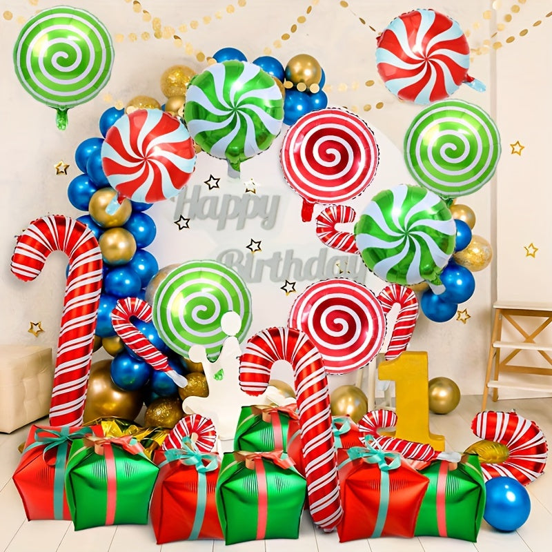 10pcs Large Christmas Candy Cane Foil Balloons with Ribbons - Red & Green, Perfect for Holiday & Birthday Party Decorations