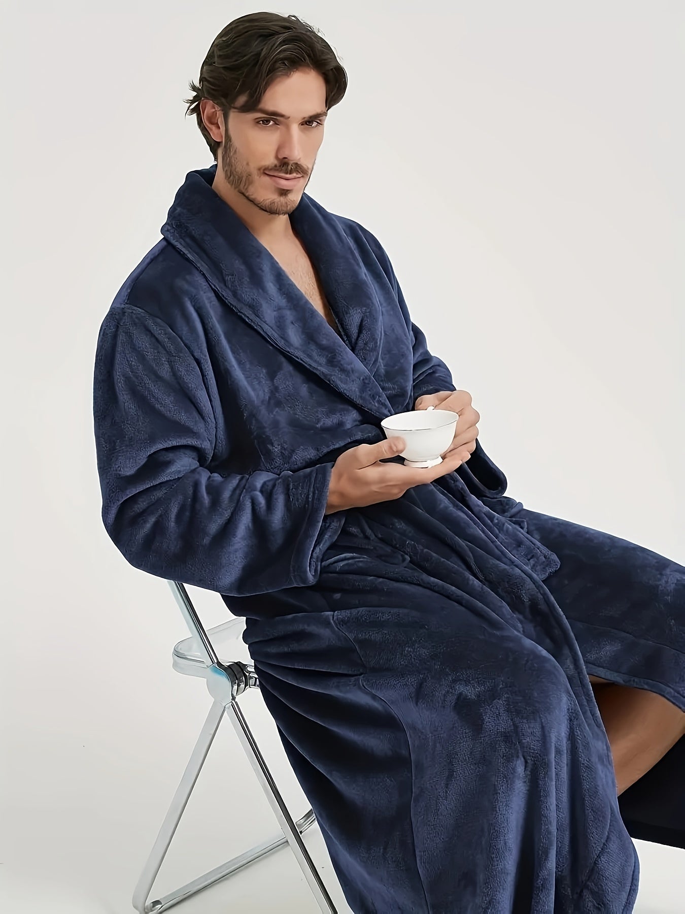 Super- Stylish Men's Flannel V-neck Loose Robe, Soft Fleece Elegant Long Sleeve Lounge Wear, For Autumn/Winter