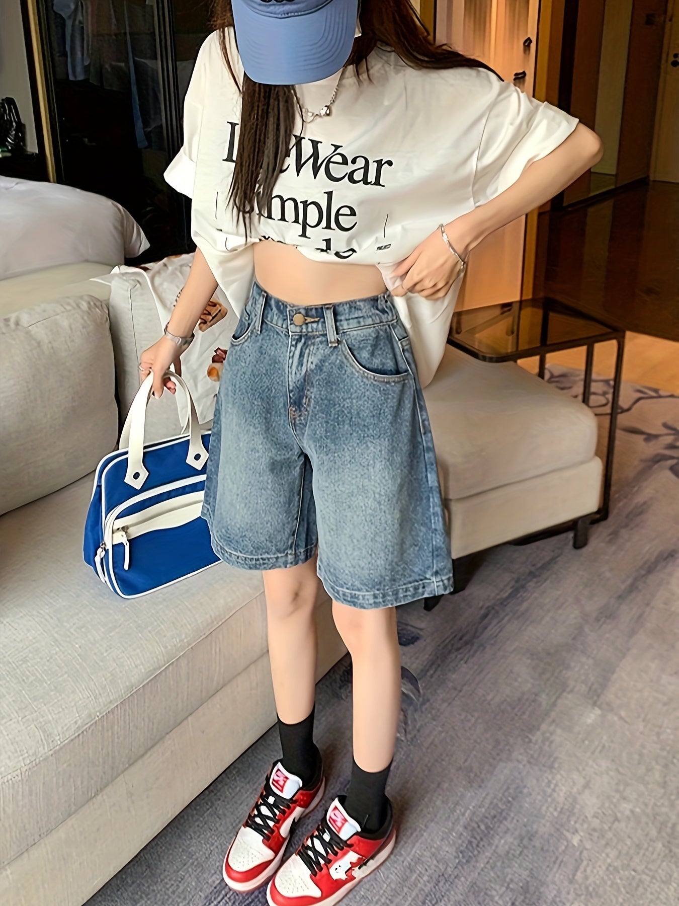 ZllKl High Rise Plain Washed Denim Shorts, Slash Pocket Cuffed Loose Fit Denim Jorts, Women's Denim Jeans & Clothing
