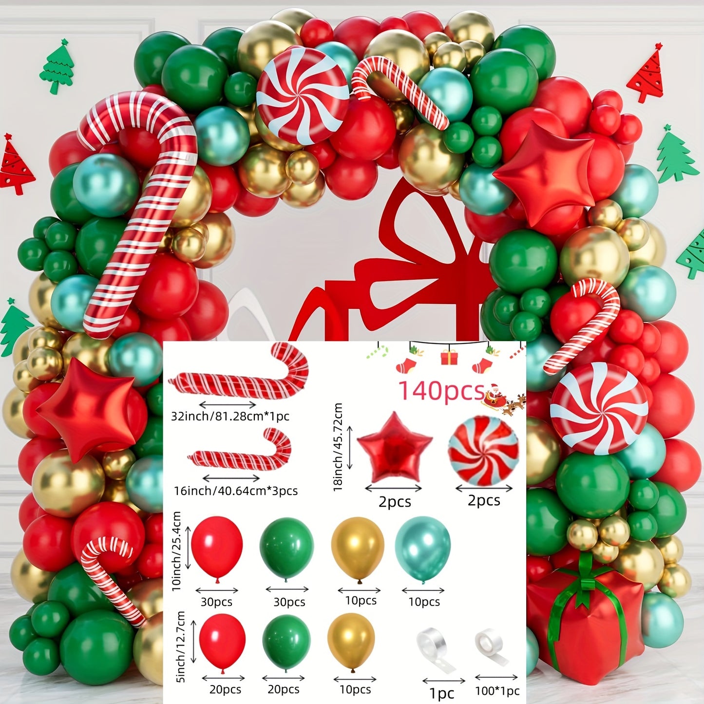 140pcs Golden Foil Latex & Aluminum Balloon Garland Arch Kit for Xmas Party Decorations with Candy Cane & Gift Box Balloons, Red, Green, Includes Balloon Tying Tools