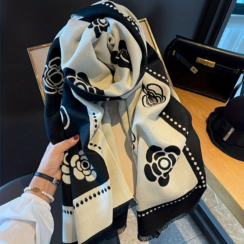 Camellia Flower Soft Shawl Scarf - Warm, Versatile, and Coldproof with Imitation Cashmere Feel - Perfect for Autumn and Winter, Short Beard Friendly, Stylish and Gentle on Skin