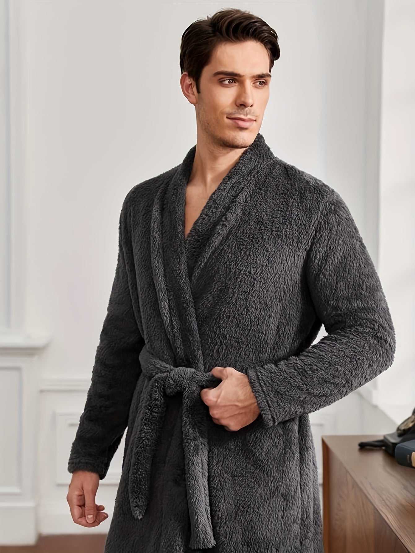 Men's Flannel Warm Soft Comfy Plain Color Robe For Home Pajamas Wear Night-robe Sets After A Bath For Winter
