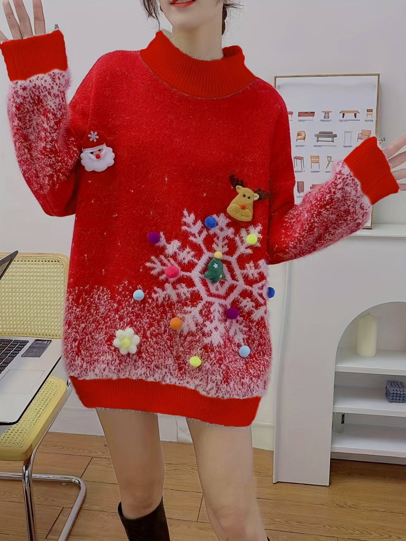 Women'S Festive Christmas Sweater, Long Sleeve, Elegant Style, Polyester, Round Neck, No Belt, Loose Fit, Pullover, Christmas Pattern, Floral Print, Mid-Stretch Fabric, Knee-Length, Leg of Mutton Sleeves, Embellished with Christmas Decor