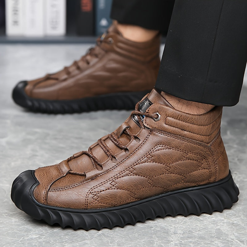 Plus Size Mens Comfort Boots - Fashionably Trendy, Slip-Resistant, Lace-Up, Vintage-Inspired Design - Ideal for Outdoor Activities and Daily Wear, Ankle-High, Solid Color