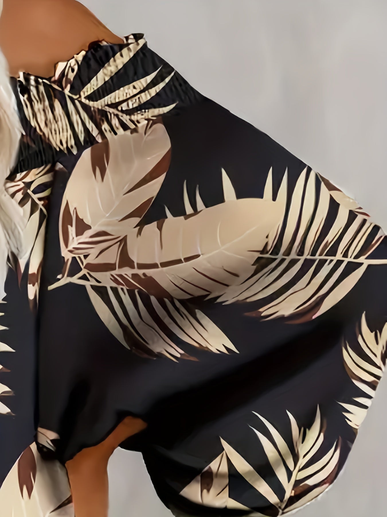 Plus Size Tropical Print Blouse - Relaxed Fit, Shirred Details, Off Shoulder, Lantern Sleeves - Perfect for Plus Size Women, Everyday Wear, Summer Outings, and Tropical Getaways