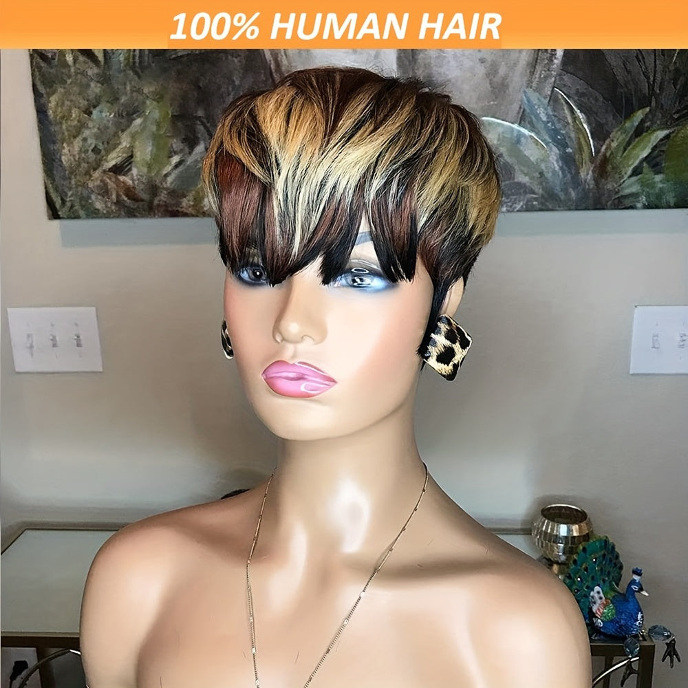 Pixie Cut Wig For Women Human Hair 1B/4/27 Short Wigs With Bangs Pixie HairCut Wig For Women Hair Replacement Wig None Lace Front Wig Layered Colored Full Machine Made Wig Glueless Short Wigs For Women 150%