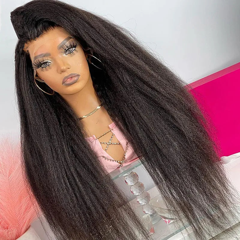 Mongolian Hair Black Kinky Straight Wigs For Black Women Glueless Human Hair Wig Yaki HD Transparent Glueless Full Lace Front Wig Pre Plucked