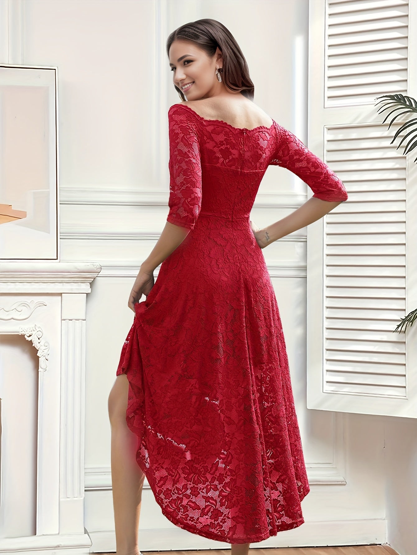 Elegant Off the Shoulder Lace Stitching Pendulum Dress - Micro Elastic Polyester, Half Sleeve, High-Low Hem, Solid Color, Hand Washable - Perfect for Wedding, Party, Banquet, and Engagement Occasions