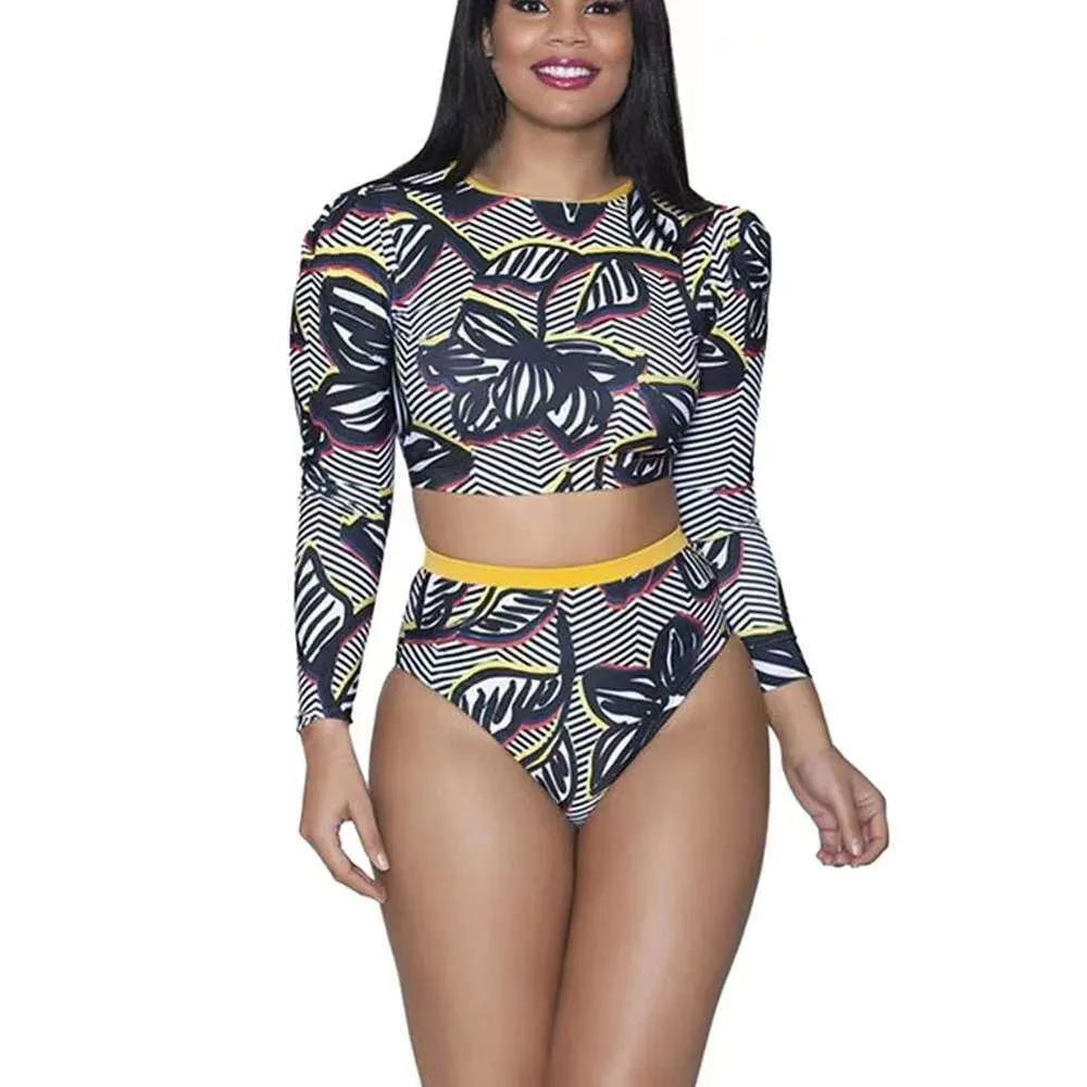 New Long Sleeved High Waist Women's Split Bikini Blue White Black Swimsuit