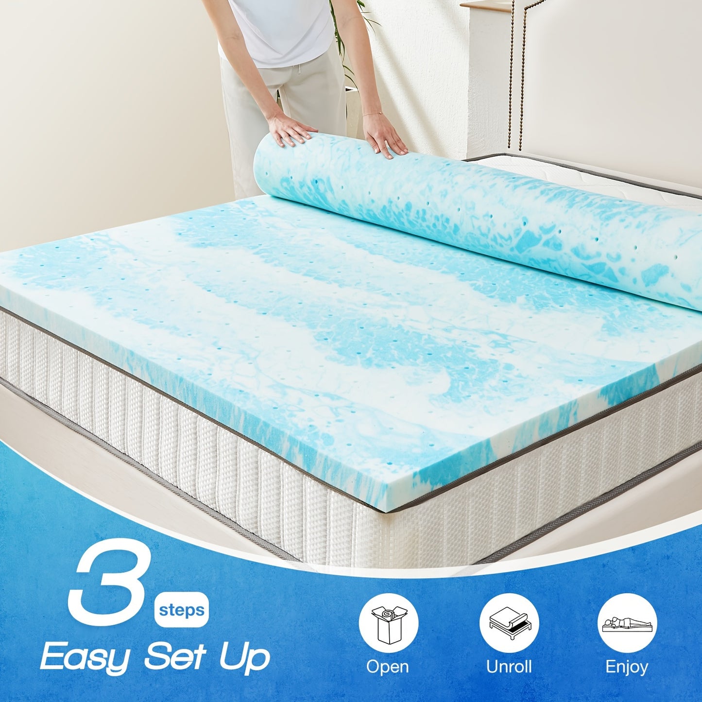 3-Inch Thick Gel Infused Memory Foam Mattress Topper - Ultimate Cooling Comfort Bed Pad with Premium Breathable Design, CertiPUR-US Certified, Pressure Relieving Support, and Soft Blue Color