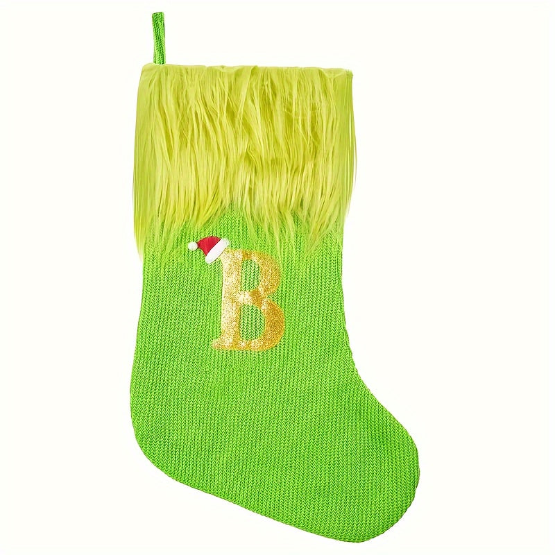 Green Faux Fur Christmas Stockings with Embroidered Letters, 18-inch Festive Holiday Decor, for Home & Party, Polyester, Christmas Decor
