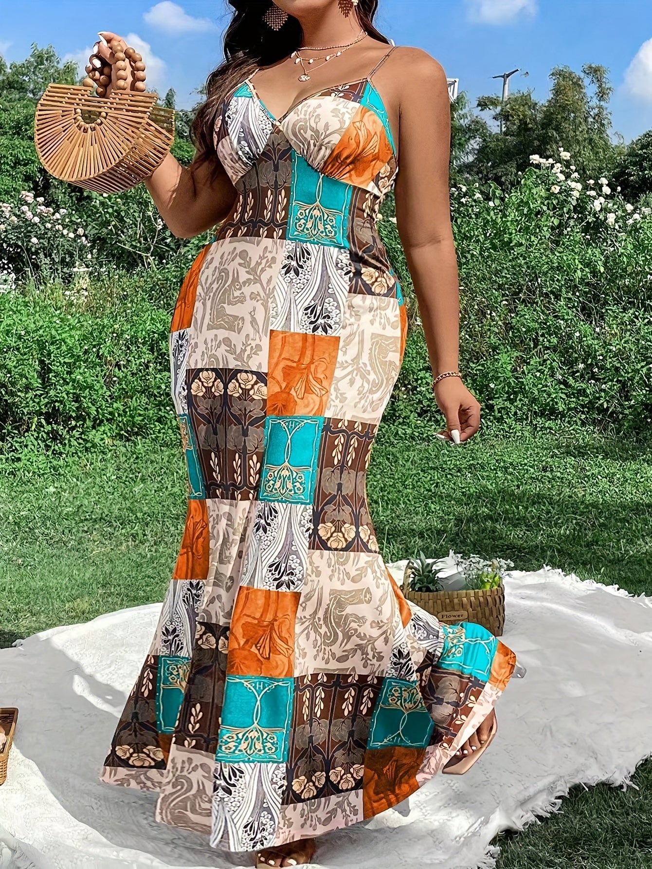 Plus Size Midi Length V Neck Spaghetti Strap Patterned Cami Dress - Elegant Vacation Style Backless Criss Cross Mermaid Hem Design, Non-Stretch Polyester Fabric, Perfect for Weekend Casual Spring and Summer Occasions