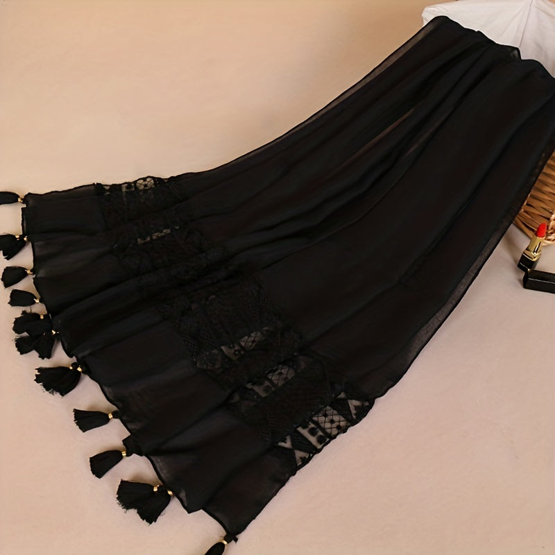 Delicate Embroidered Lace Tassel Scarf - Fashionable & Elegant for Casual Wear - Versatile Cold Weather Accessory, Perfect for Eid Celebrations