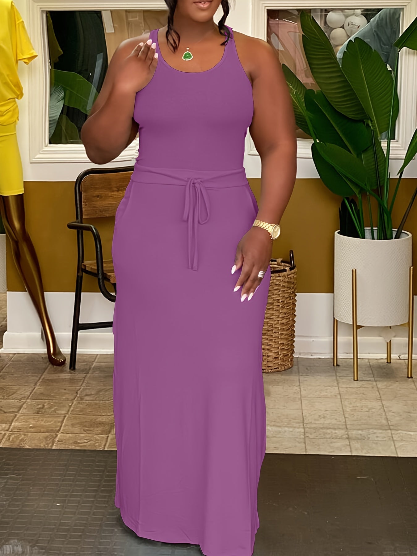 Plus Size Chic Solid Slim Belted Tank Maxi Dress - Comfortable Sleeveless Design for Spring & Summer - Women's Casual Wear for Curvy Figures