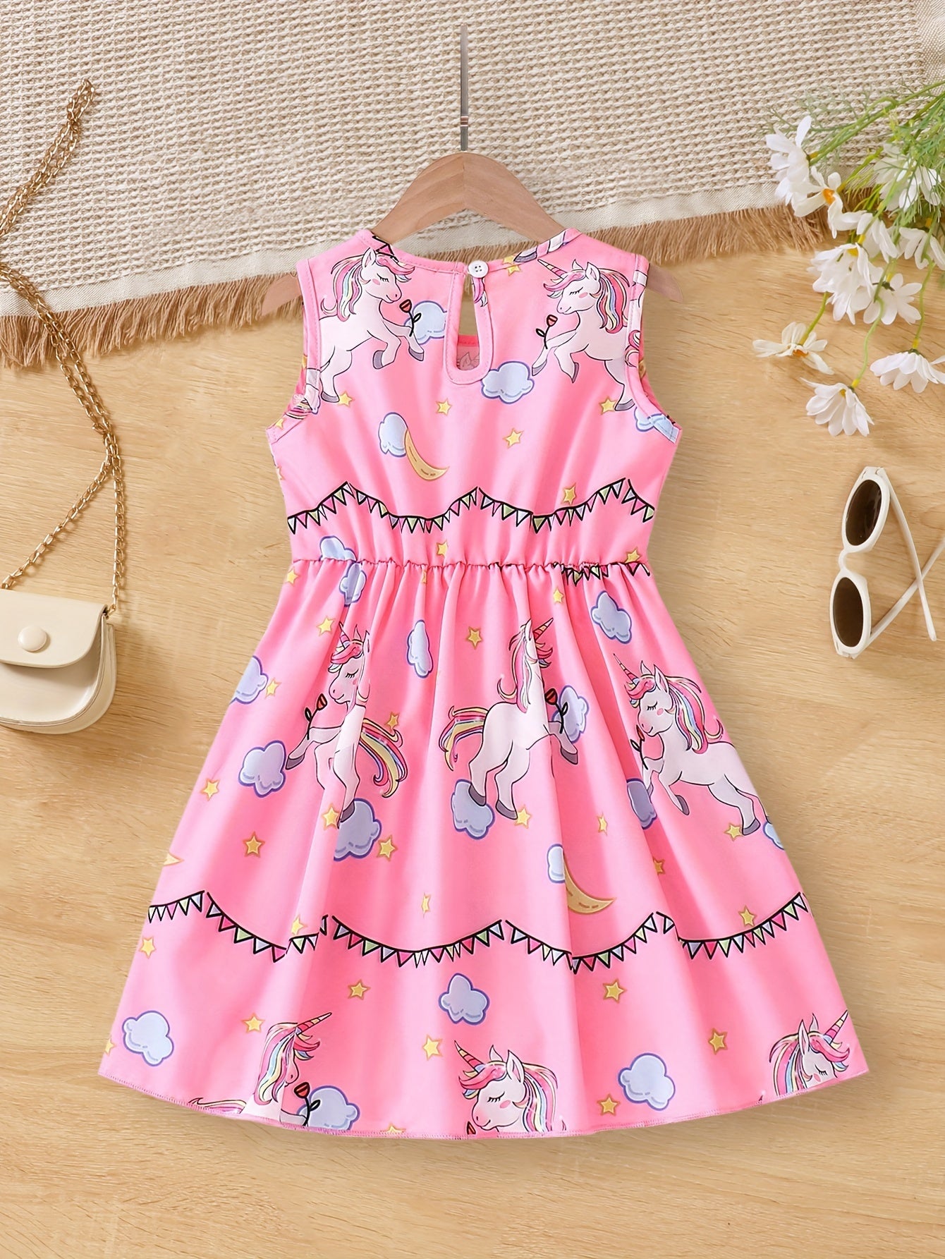 Adorable Girls Unicorn Cartoon Print Sleeveless Tunic Dress - Soft Polyester, Regular Fit, Machine Washable - Perfect for Summer Holidays and Casual Occasions
