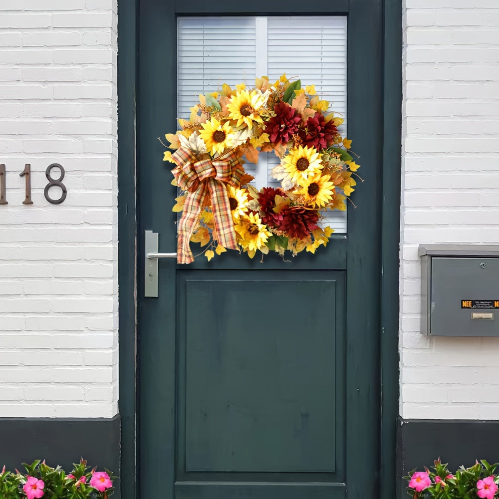 Vibrant Autumn Harvest Wreath - Classic Sunflower and Leaf Decor for Front Door, Battery-Free, No Feathers, Seasonal Home Decoration, Easy to Assemble, Perfect for Fall and Thanksgiving Celebration