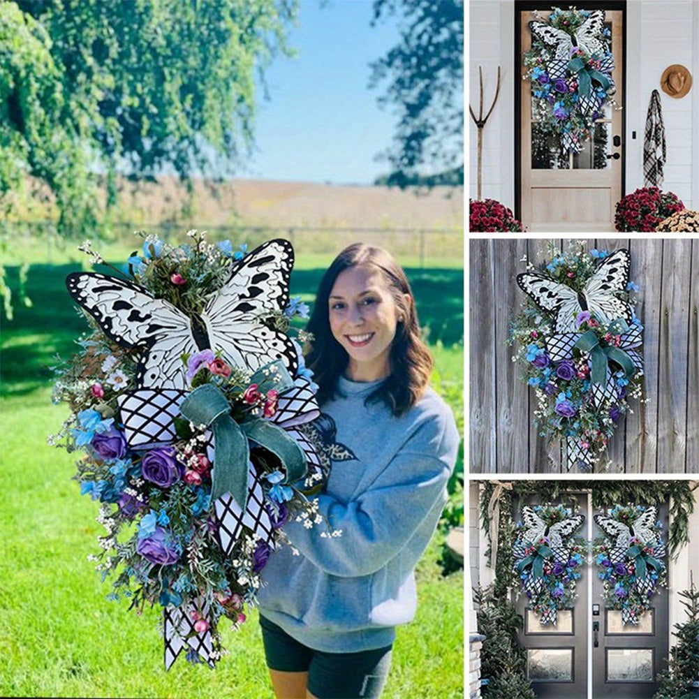 Artificial Spring Wreath Flowers Swag with Fake Butterflies Front Door Wreath