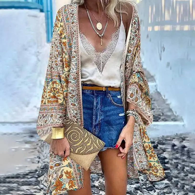 Women's Blouses Shirts Bohemian Printed Cardigan Womens Summer Blouses Kimono Cape ZANZEA Casual Long Slve Floral Blsua Female Open Front Tunic T240510