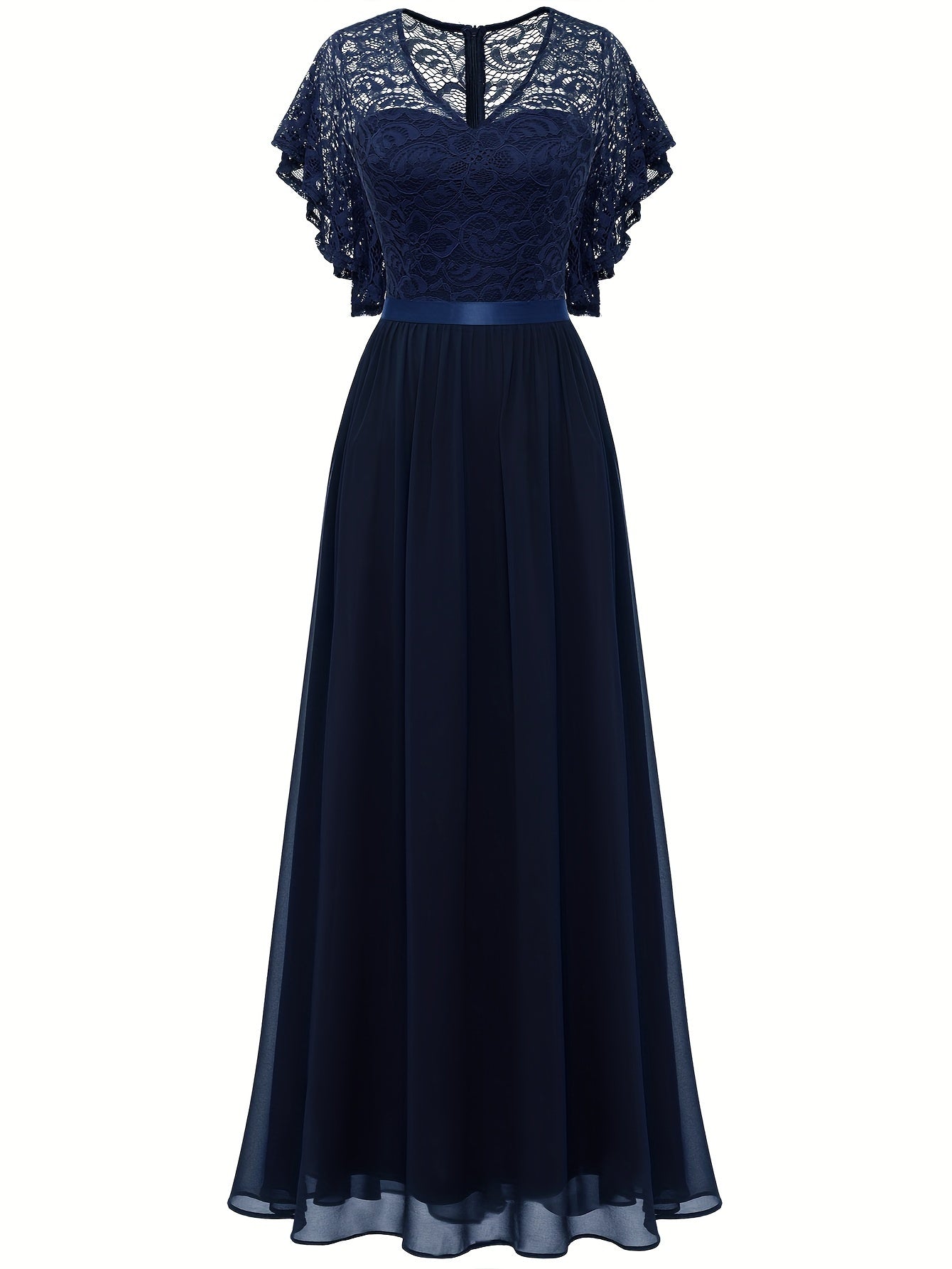 Stunning Lace Splicing V-Neck Bridesmaid Dress - Elegant Ruffle Sleeve, A-Line Floor Length, Perfect for Wedding Party - Womens Formal Clothing for Special Occasions