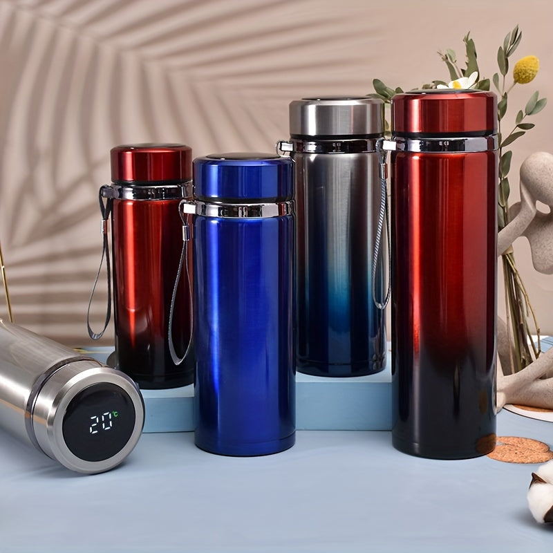 1pc Vibrant Gradient Color Insulated Travel Mug - Outdoor Recreation Camping & Hiking Essential - Temperature Display, Long-Lasting Thermal Cup with Carry Strap, Gift-Ready, Perfect for Hot and Cold Beverages, Home, Office, and Outdoor Adventures