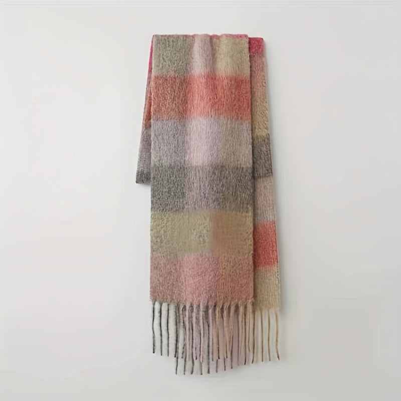 Autumn Winter Rainbow Color Boho Plaid Tassel Chunky Scarf - Soft Imitation Mohair, Eye-Catching Tassel Details, Thick and Plush Design, Long Stylish Neckerchief - Vibrant Shawl for Cold Weather