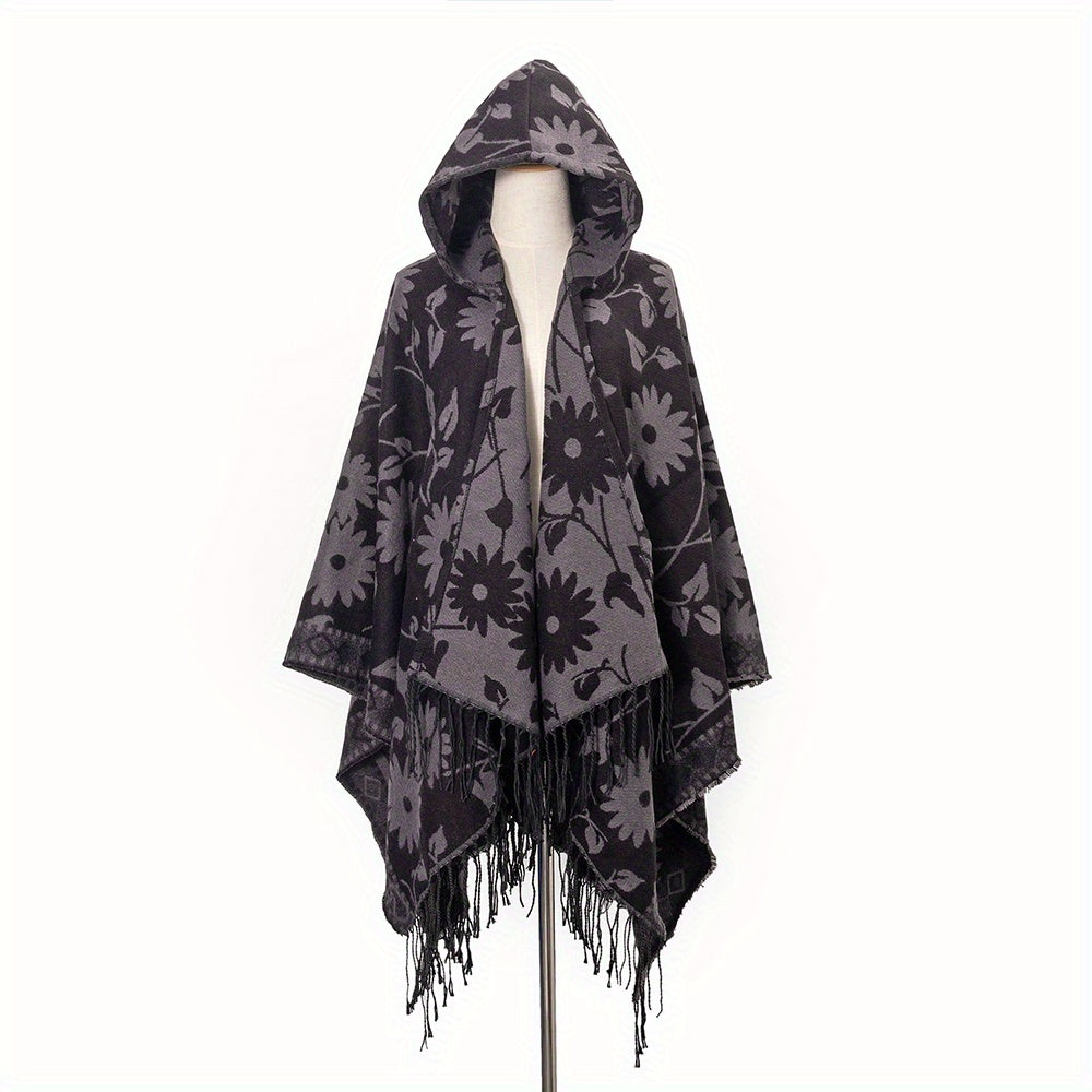 Cozy Oversized Hoodie Scarf Blanket - Stylish Boho Geometric Print with Tassels - Ultra-Soft Warm Cape for Outdoor Adventures, Windproof & Thick Cardigan Shawl