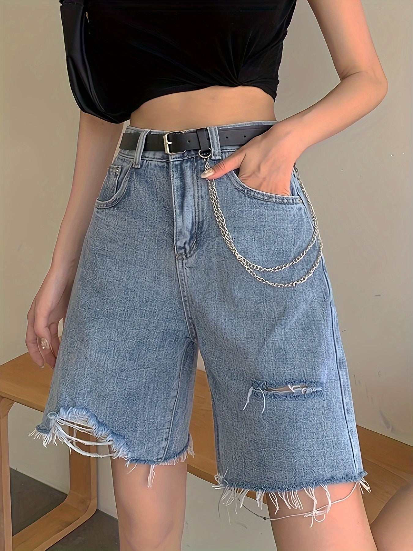 ZllKl Ripped Raw Hem Denim Shorts Jorts, Distressed Washed Blue Denim Shorts, Women's Denim Jeans & Clothing