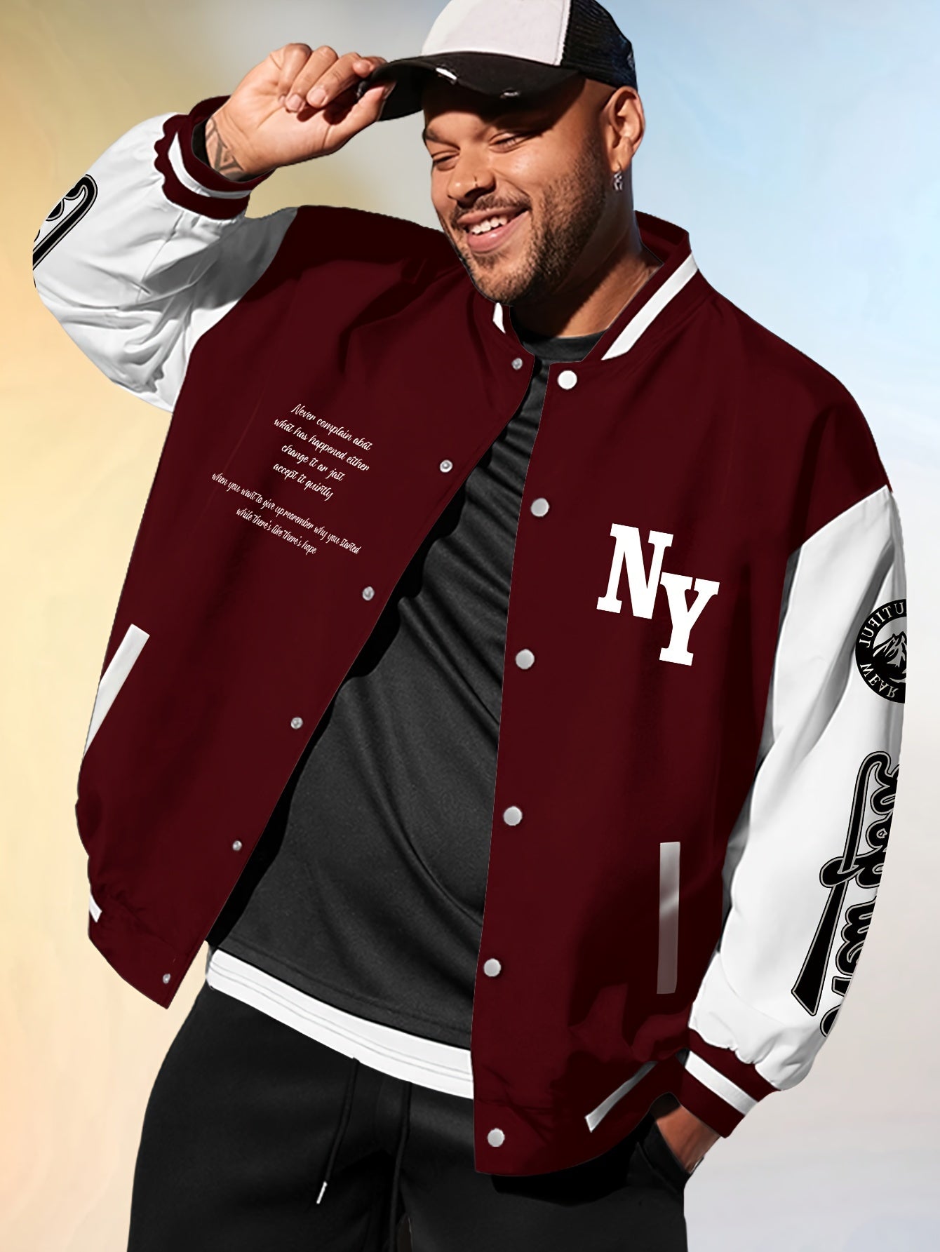Plus Size NY LETTER PRINT Varsity Style Baseball Jacket With Pockets, Outdoor Cloth