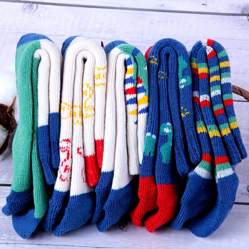 5pcs Boys' Cozy Fleece-Lined Socks - Warm, Thick Winter & Fall Crew Socks with Dinosaur Designs
