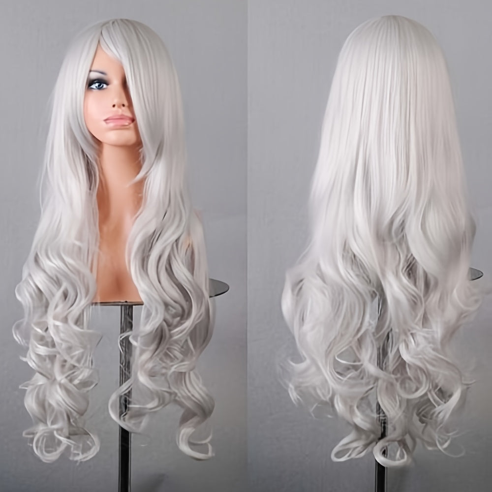 Vibrant Curly Wave Wig with Bangs - Synthetic Hair, Buckle Net Cap, Elegant Style for Women - Perfect for Halloween Party, Music Festival, and Costume Occasions