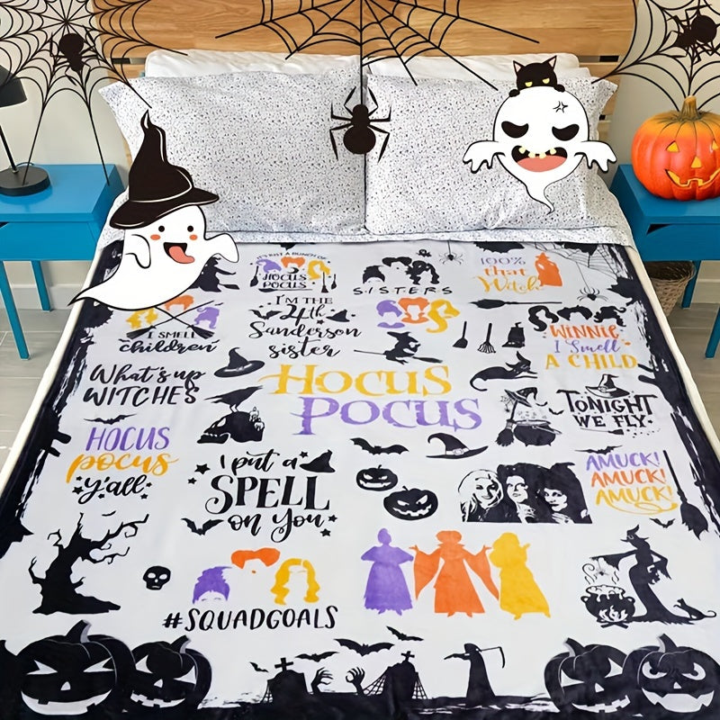 Hocus Pocus Themed Flannel Throw Blanket - Contemporary Geometric-Patterned, Machine Washable, Hypoallergenic - Multipurpose, All Seasons Horror Decor with Digital Print for Couch, Bed, Travel - Polyester, Knitted, Soft Plush Fabric