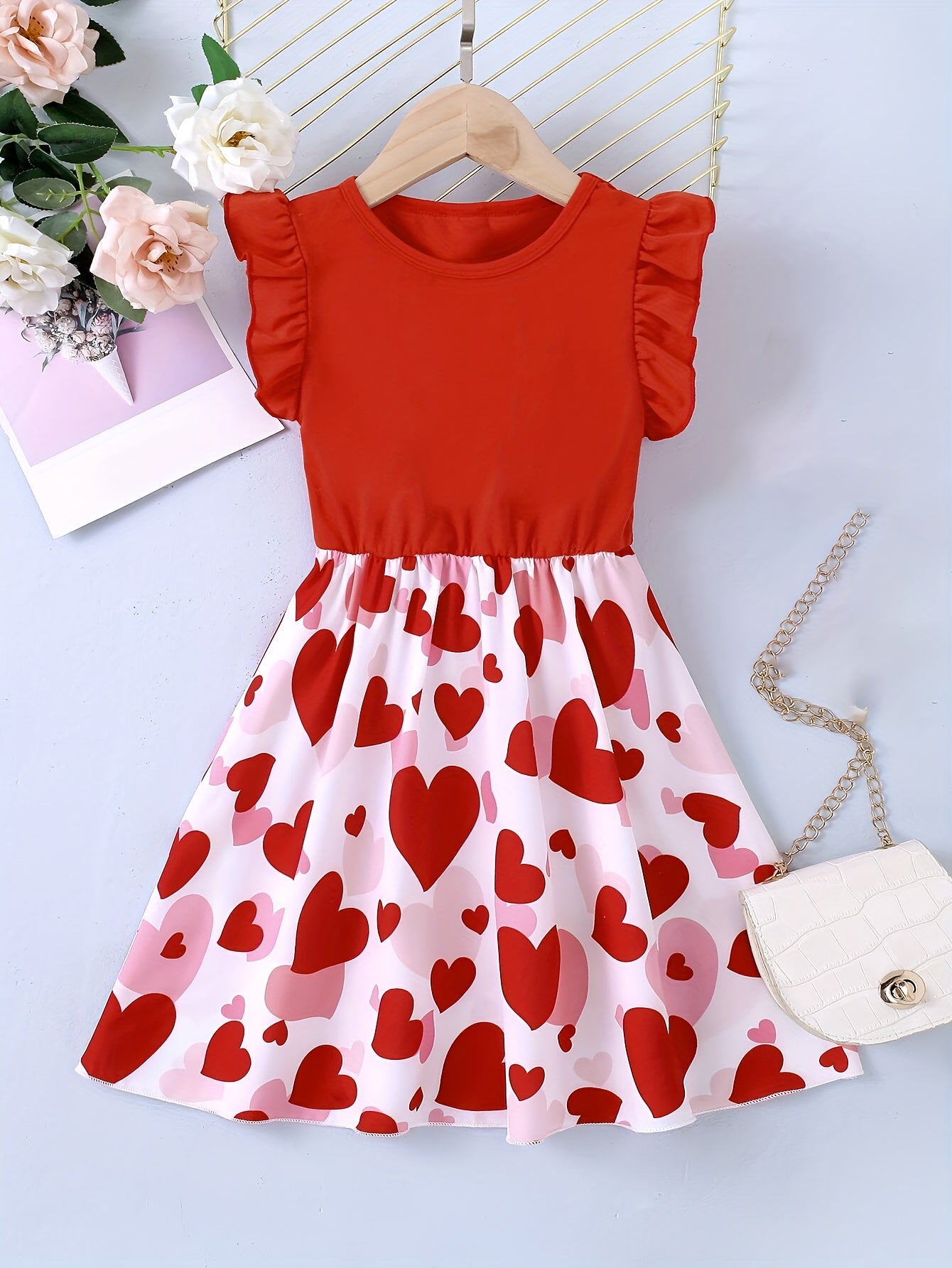 Toddler Girls Splicing Heart Graphic Flutter Trim Sleeveless Dress Spring Summer Valentine's Day Gift