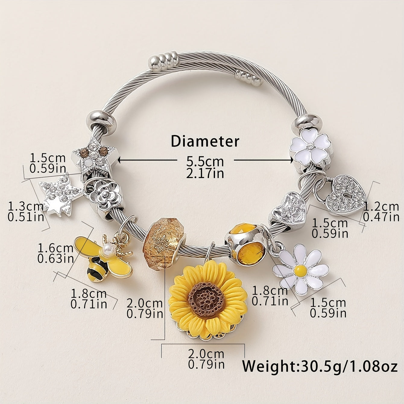 Elegant Sunflower & Bee Charm Bracelet With Rhinestones - Stainless Steel, Perfect For Parties, Proms, And Casual Attire