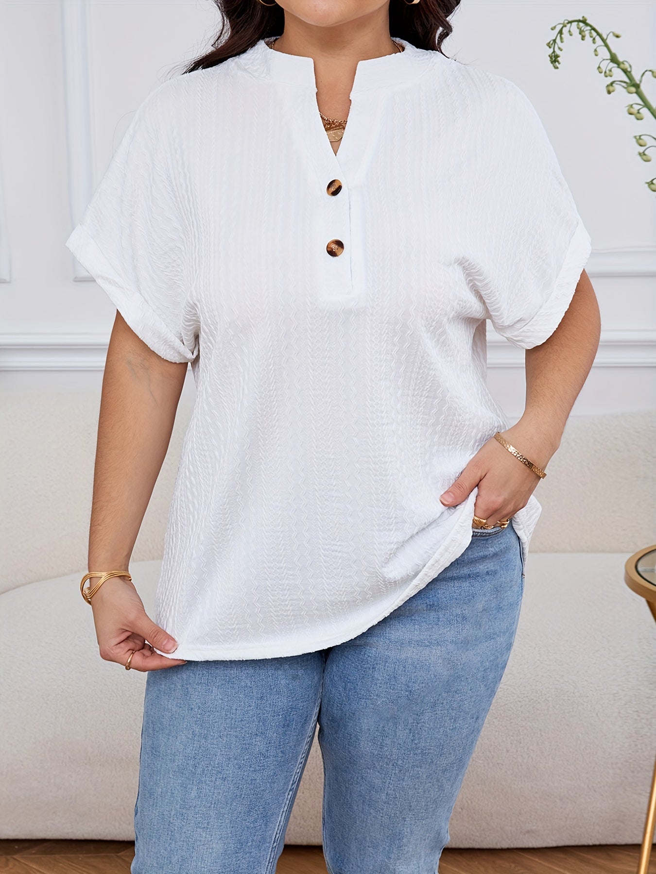 ZllKl Plus Size Simple Solid Blouse, Casual V Neck Short Sleeve Blouse For Spring & Summer, Women's Plus Size Clothing
