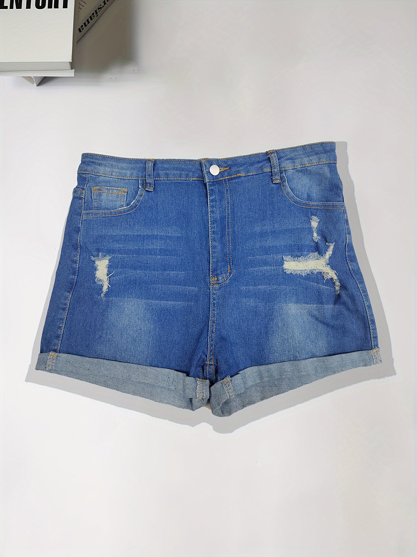 ZllKl Ripped Cuffed Hem Denim High Stretch Jeans, Solid Washed Blue High Waist Zip Up Denim Shorts With Pockets, Women's Denim & Clothing