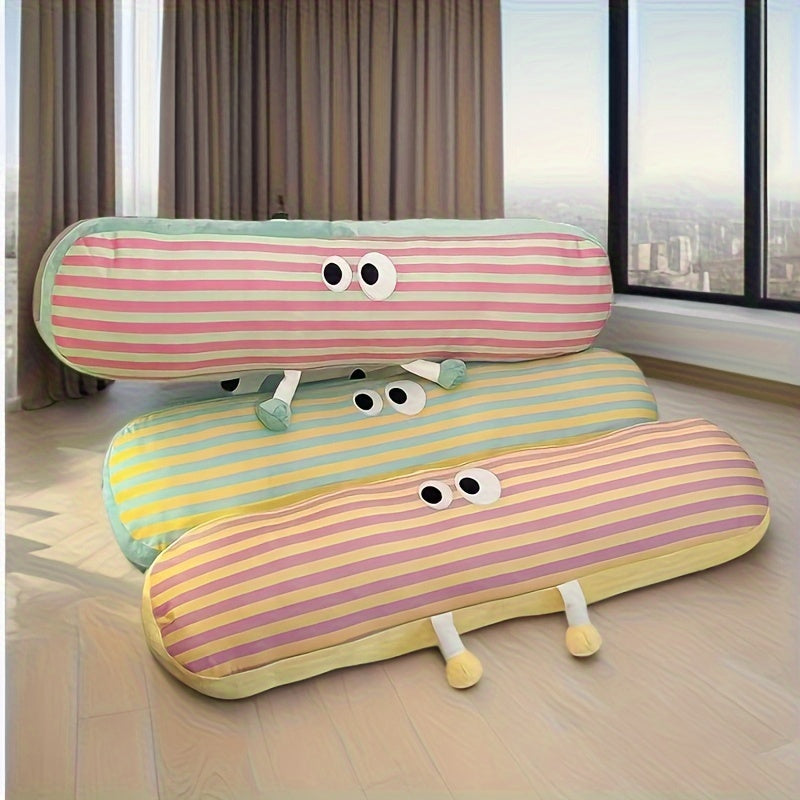 Cartoon Eyes Striped Long Throw Pillow, Casual Style, Removable Microfiber Cover with Cotton Filling, Multipurpose Side-Sleeper Support Cushion for Bedroom and Dorm Decor, Hand Wash, Zipper Closure, All-Season Use