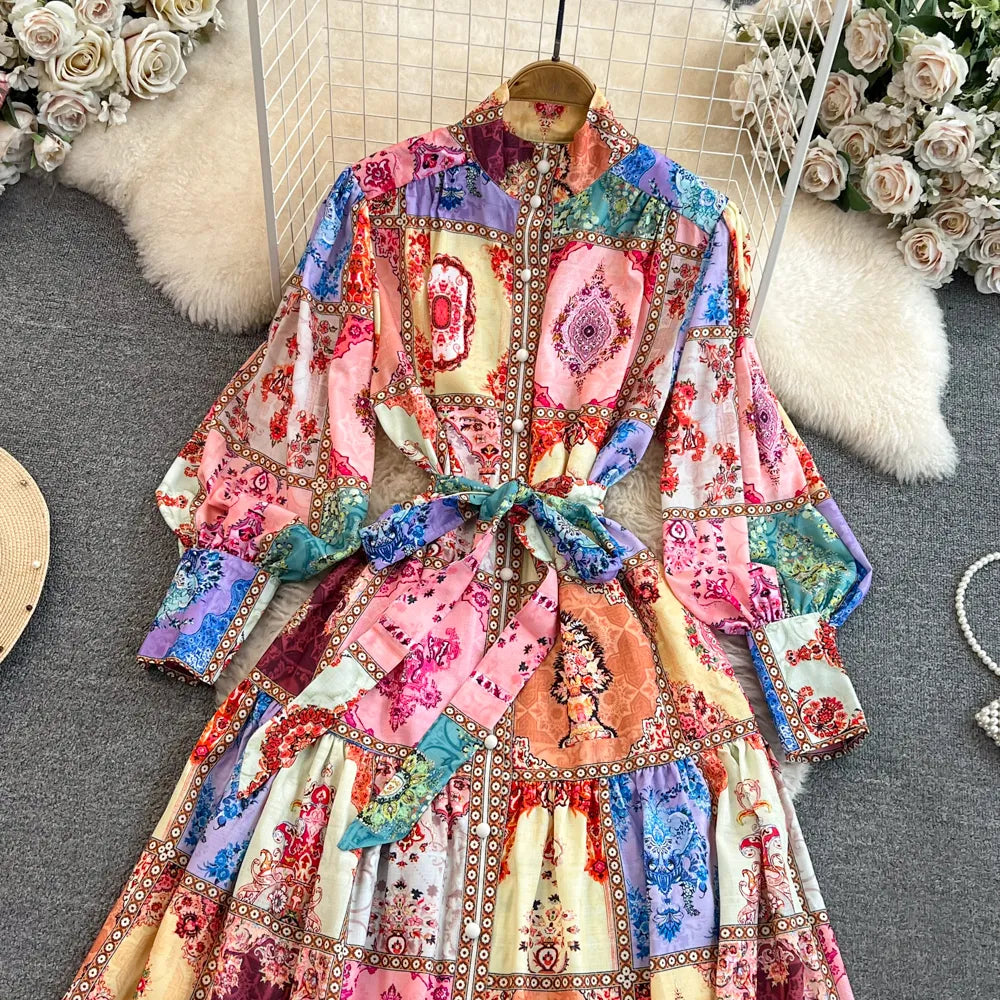 Basic Casual Women Dresses Runway Designer Spring Linen Maxi Dress for Women Elegant Long Lantern Sleeve Colorblack Printed Party Vestidos Aline