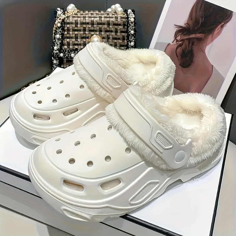Unisex Plush Lined Clogs, Winter Warm Soft Sole Indoor & Outdoor Shoes, Comfortable Fuzzy Platform Slide Sandals