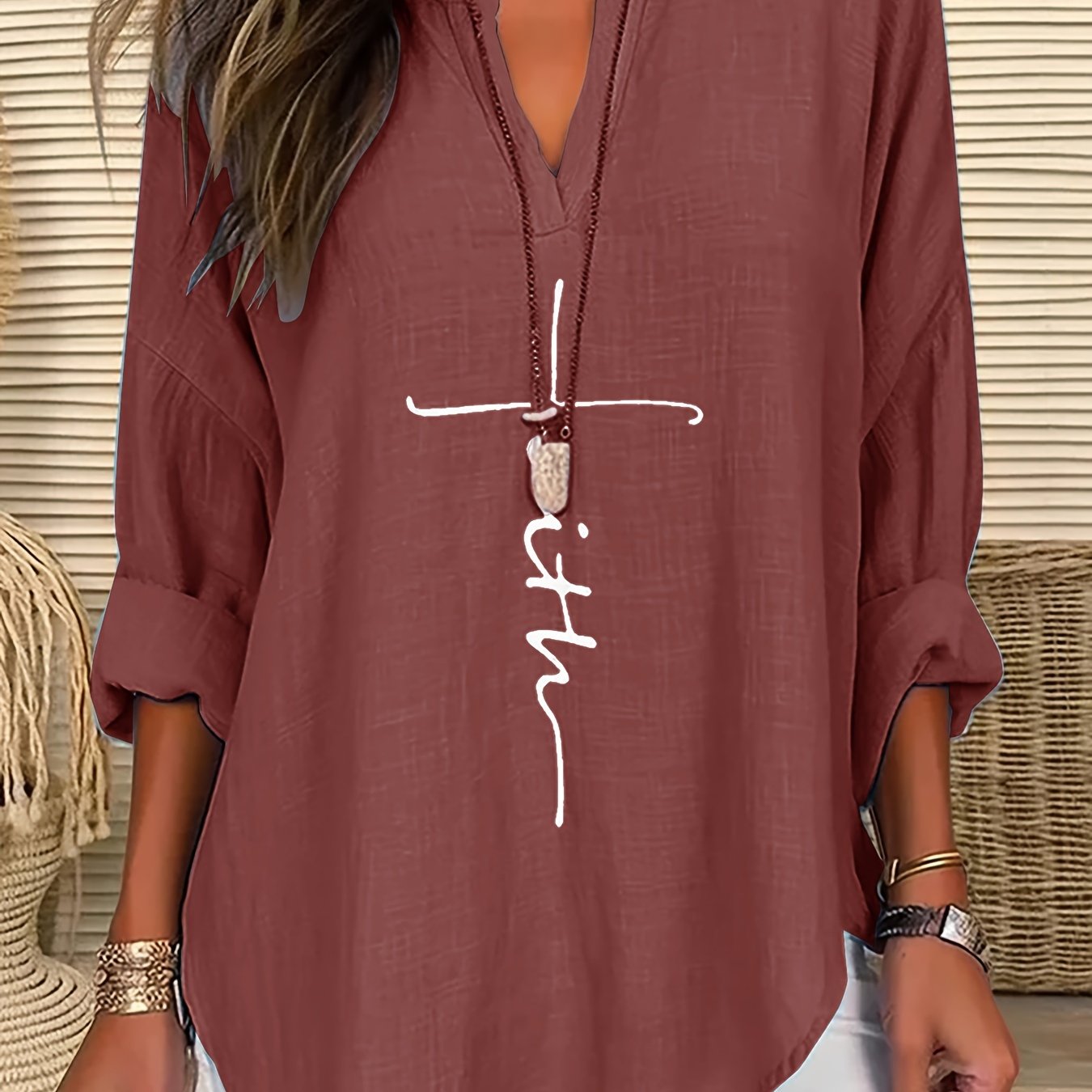 ZllKl Letter Print Notch Neck Blouse, Casual Long Sleeve Blouse For Spring & Fall, Women's Clothing