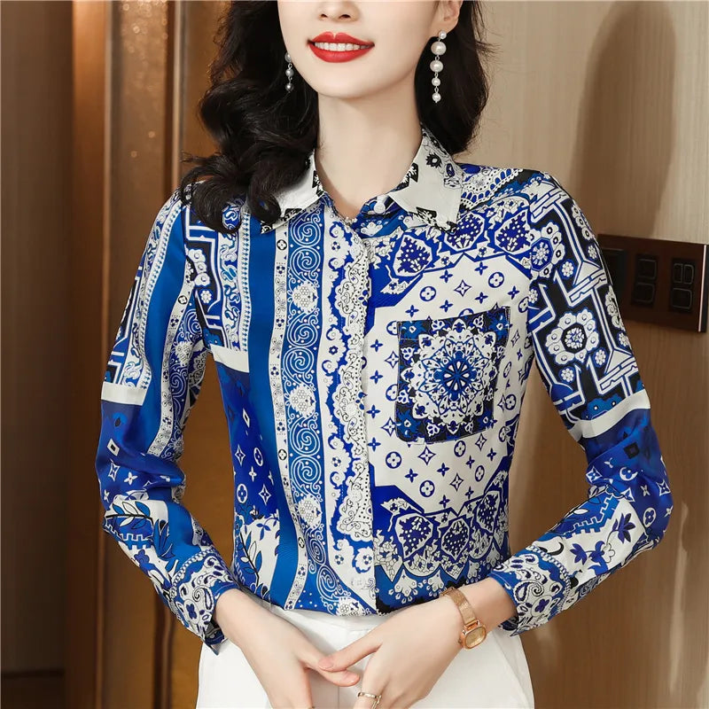 Luxury Designer Print Classic Satin Shirt Plus Size Women Fashion Long Sleeve Button Front Shirts Spring Autumn Ladies Runway Lapel Blouse Elegant Silk Tops