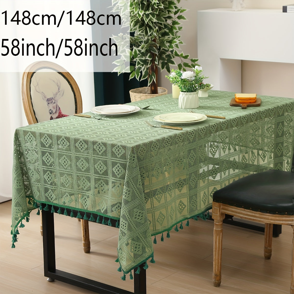 1pc Beige Linen Cotton Blend Crochet Tablecloth with Tassel - Tablecloths - Rustic American Pastoral Style Decor for Picnic, Holiday Party, and Home - Easy Care and Durable