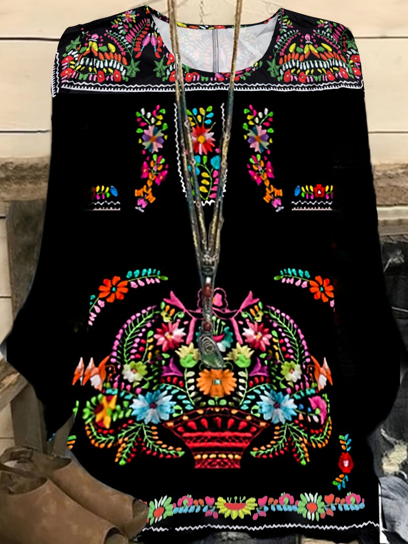 Plus Size Tribal Print Bohemian Chic Long Sleeve Crew Neck Asymmetrical Hem Blouse - Vibrant Random Print, Non-Stretch Polyester Fabric, Casual Woven Shirting for All Seasons - Easy Pullover Design, No Sheer, Long Length, and Relaxed Fit Type H