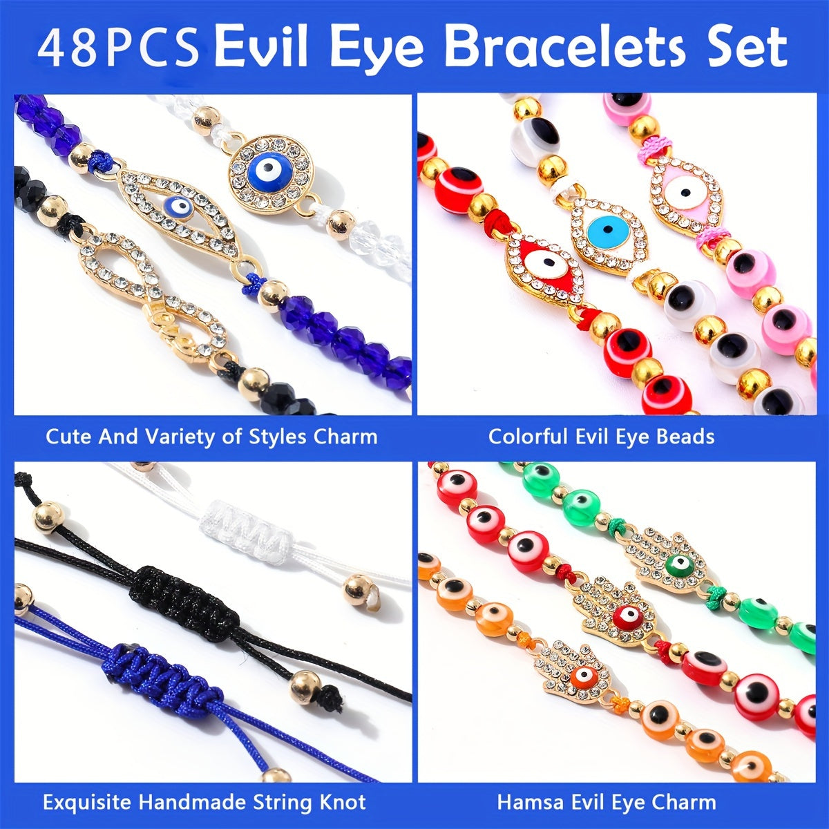 48 Pcs Lucky Evil Eye Jewelry Set - Mexican Hamsa Protection Bracelets & Anklets for Women, Girls & Boys - Stylish, Adjustable Charms, Perfect Gift Idea
